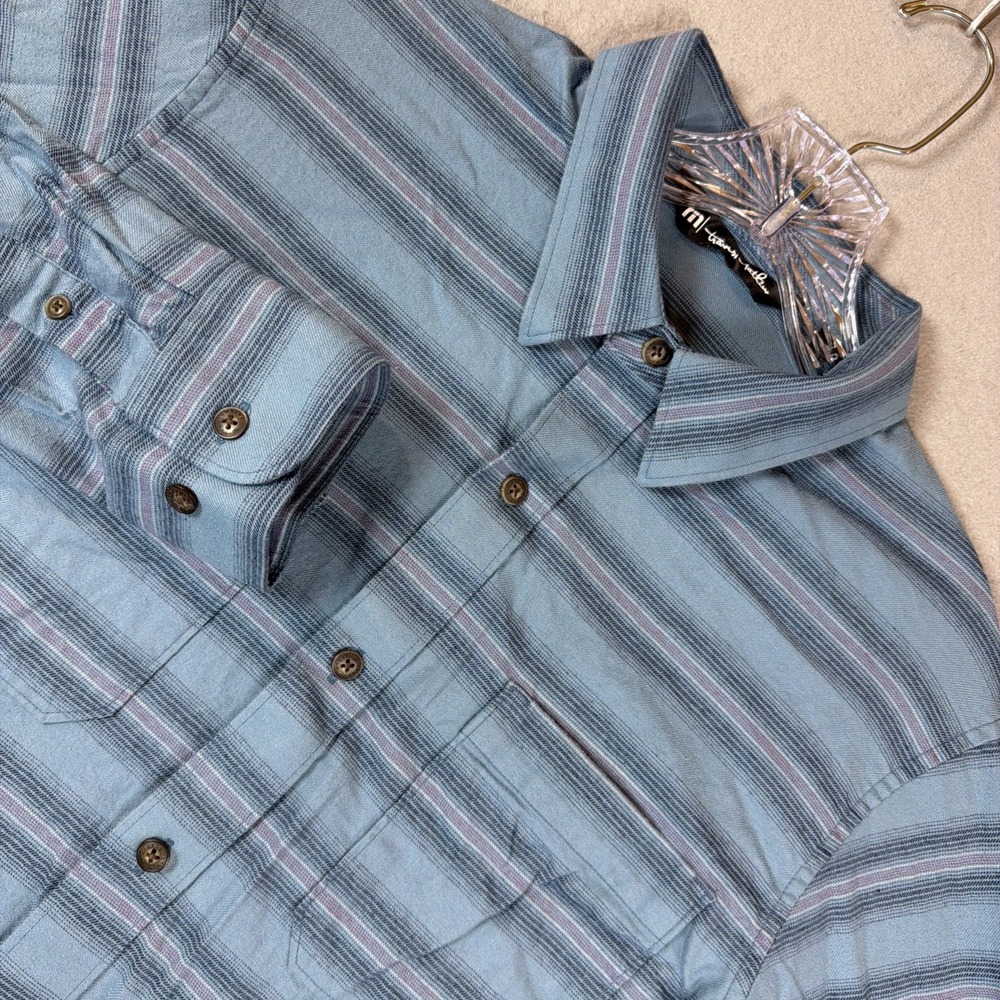 Travis Mathew Button Up Shirt Men Small Blue Cotton Long Sleeve Chest Pockets